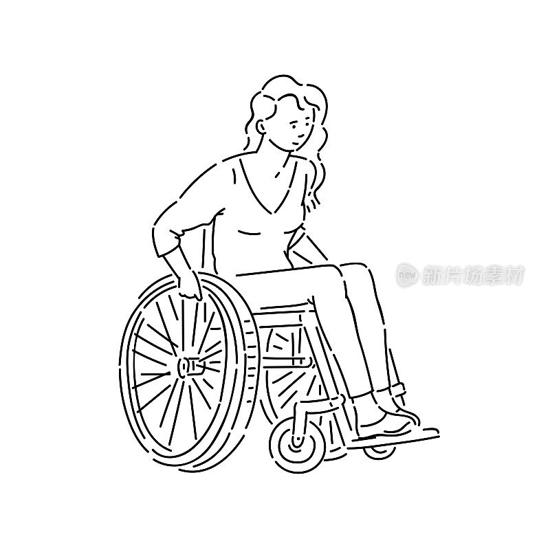 Young disabled woman in wheelchair vector line art black white sketch isolated illustration.